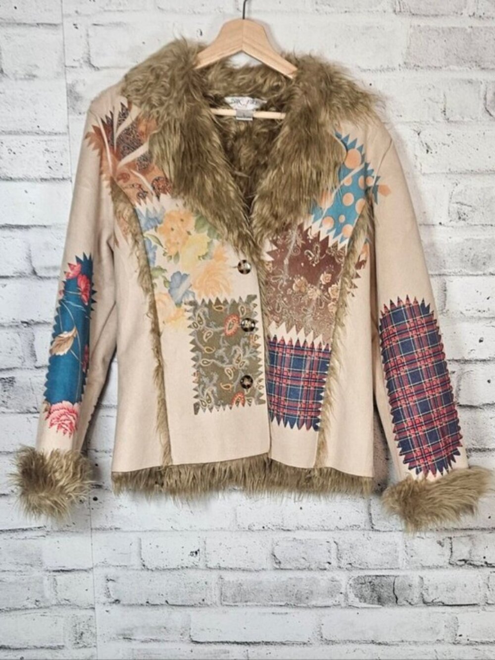 Fox Fire Patchwork Faux Shearling Jacket Faux Fur Trim Boho Western Size L